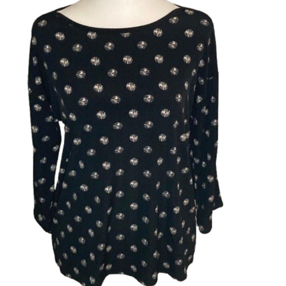 Chico's Black with White Shaded Dots Blouse, Piping Down Sleeves, sz 4,  Small